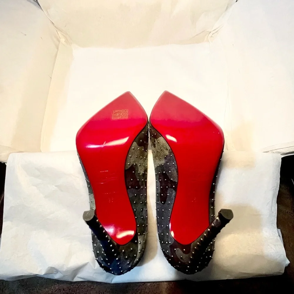 Christian Louboutin Kate 100 Studded blue green camouflage suede stiletto 38